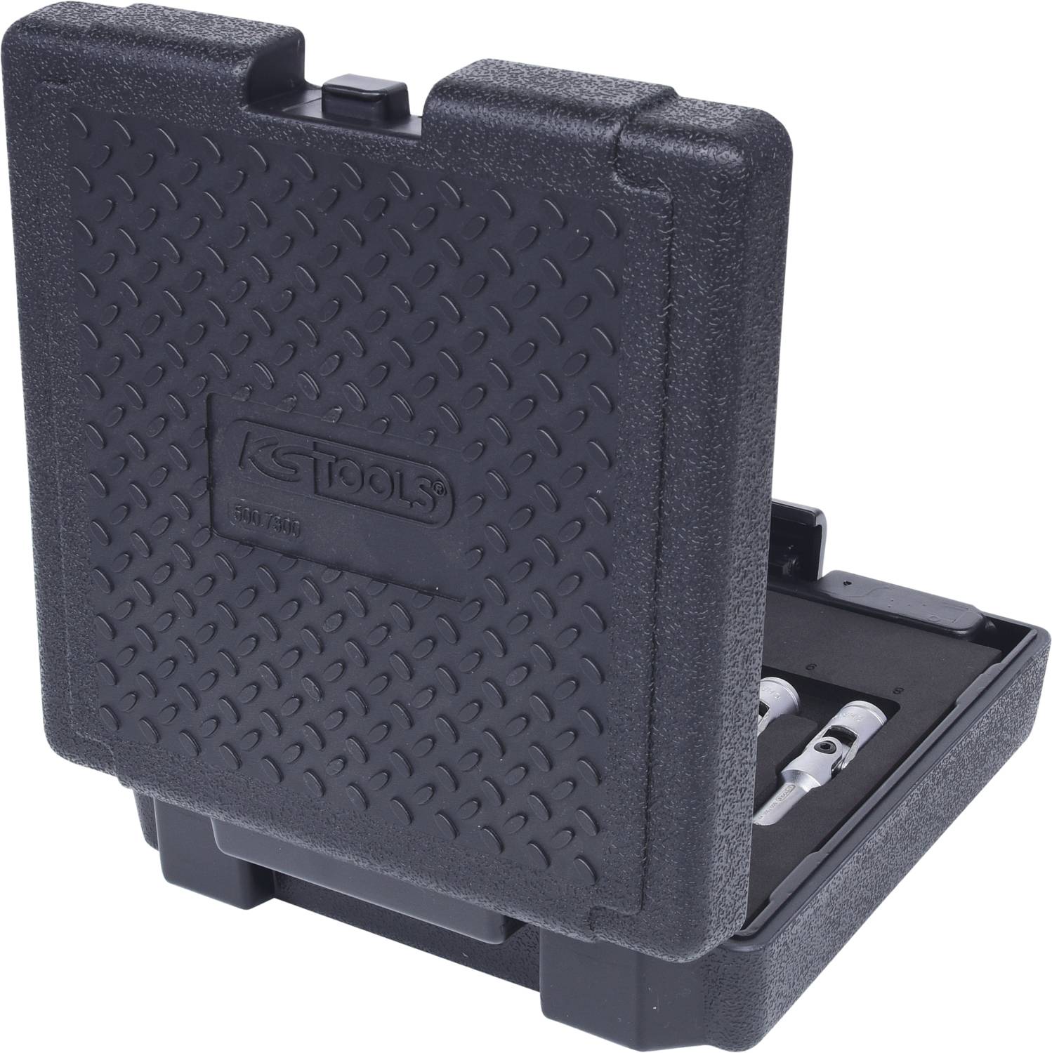 'KS Tools'-Werkzeugkoffer aus schwarzem Kunststoff, leicht geöffnet, zeigt Teile eines Werkzeugsatzes im Inneren.