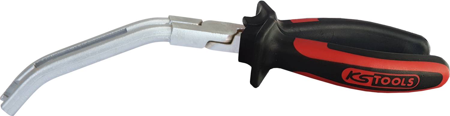 Ein Handwerkzeug mit rotem und schwarzem Griff. Der Metallteil hat eine gebogene Form. Werkzeug eignet sich zum Lösen von Verbindungen.