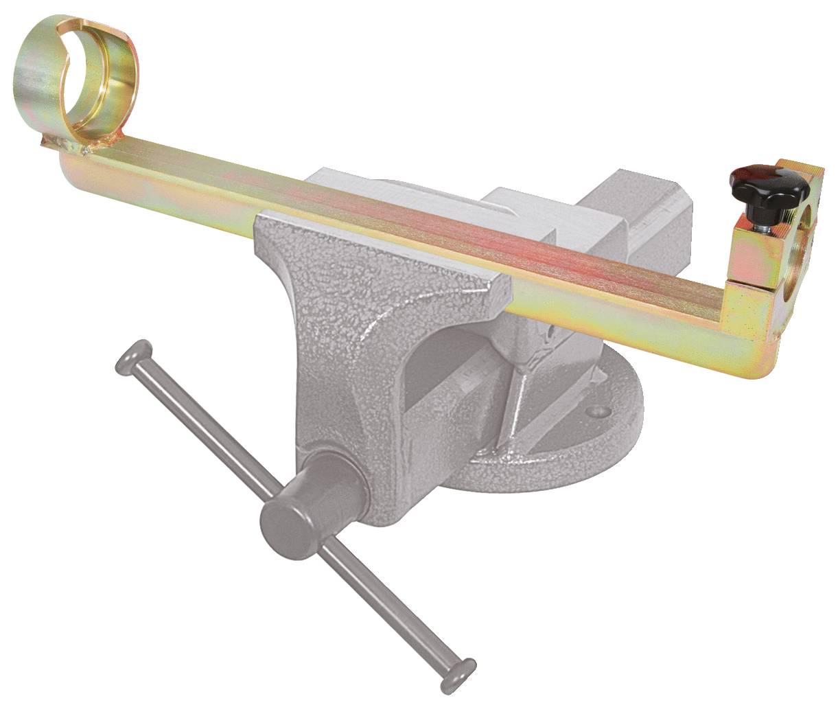 Metallspanner auf Werkbank montiert, hält ein langes Metallstück parallel zur Oberfläche. Geeignet für präzise Arbeiten und Stabilität.
