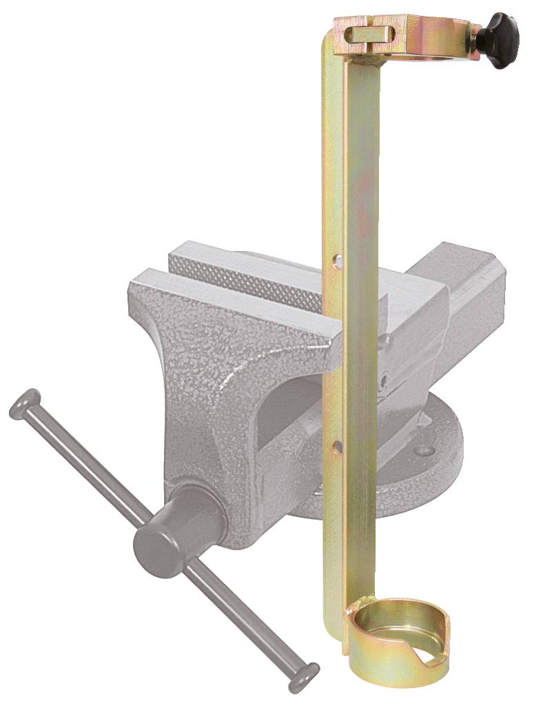 Metallhaken und -halterung, um Schraubstock an Arbeitsplatte zu befestigen.