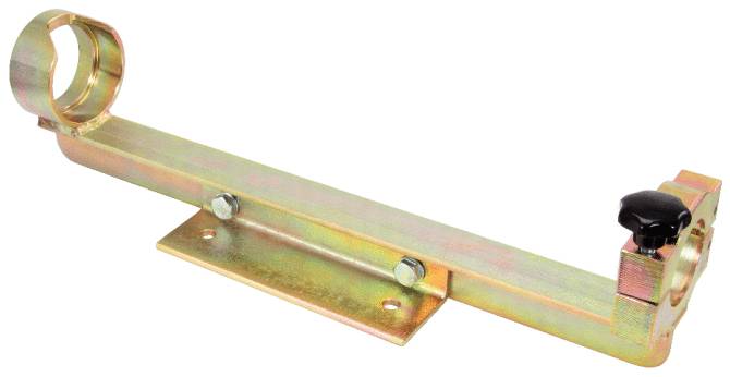 Metallhalterung mit zwei Rundaufnahmen, einstellbar, auf rechteckiger Basisplatte mit zwei Schrauben befestigt.