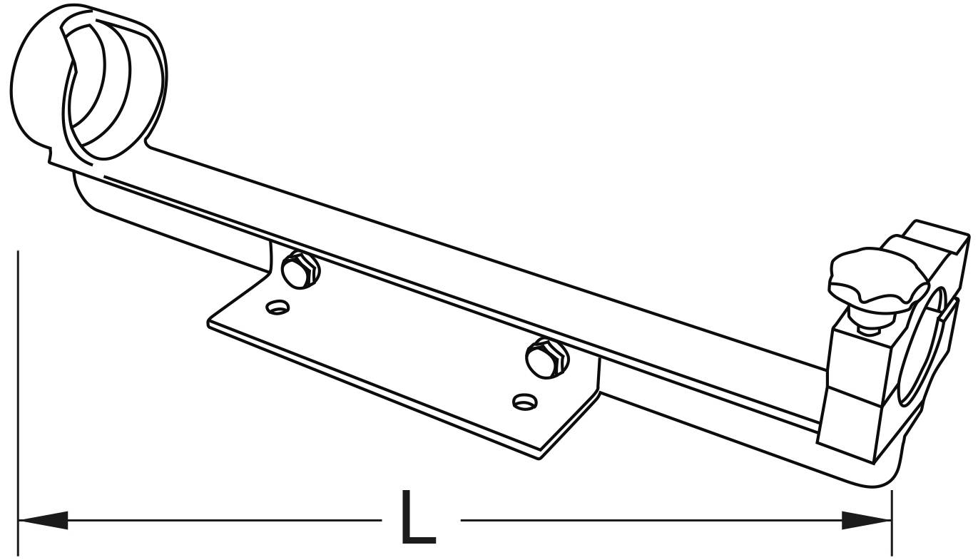 Technische Zeichnung einer Halterung mit Klemmschraube und Rohrhalter. Zeigt Maße, Position der Schrauben und Formdetails.