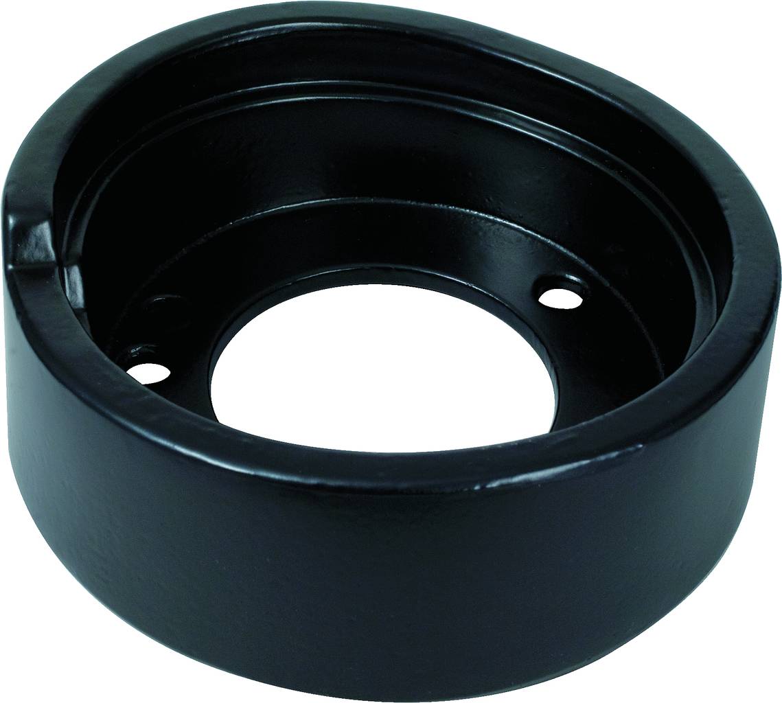 Schwarzes, zylindrisches Metallgehäuse mit rundem Ausschnitt und zwei seitlichen Schraubenlöchern, möglicherweise für eine technische Anwendung.