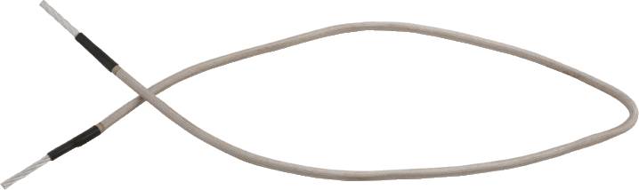 Ein graues Kabel ist zu einer Fischform gebogen, mit freiliegenden Enden an beiden Seiten.