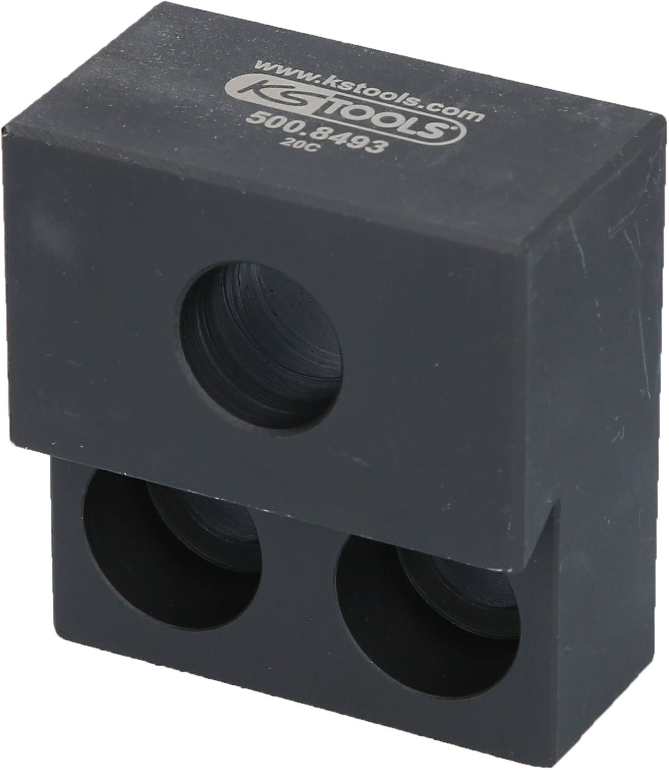 Schwarzer Adapterblock mit drei runden Öffnungen, verwendet für Rohrbiegemaschinen von KS Tools, Modellnummer '500.8493'.
