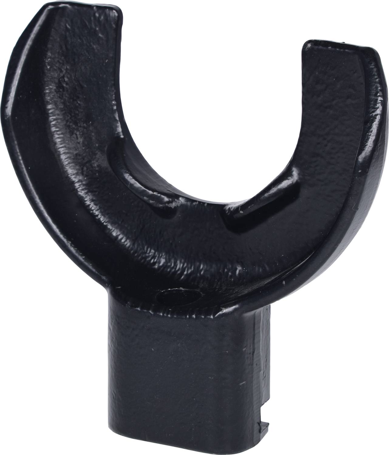 Ein schwarzes, langlebiges Metallwerkzeug in U-Form, möglicherweise ein Teil eines mechanischen Geräts oder Werkzeugs.