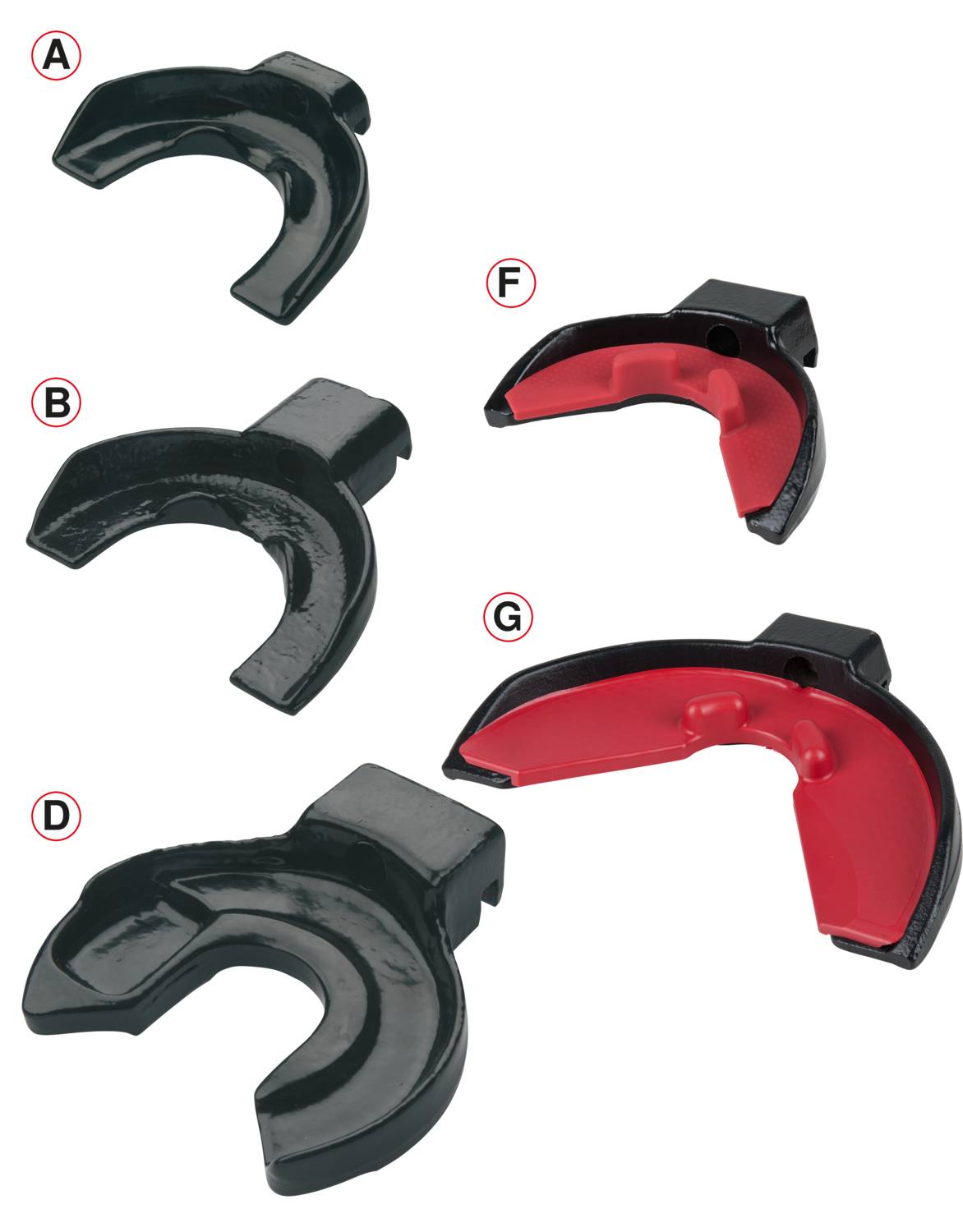 Fünf schwarze und rote Kunststoffklemmen in verschiedenen Winkeln und Formen; A, B, D, F, G sind zur Unterscheidung gekennzeichnet.