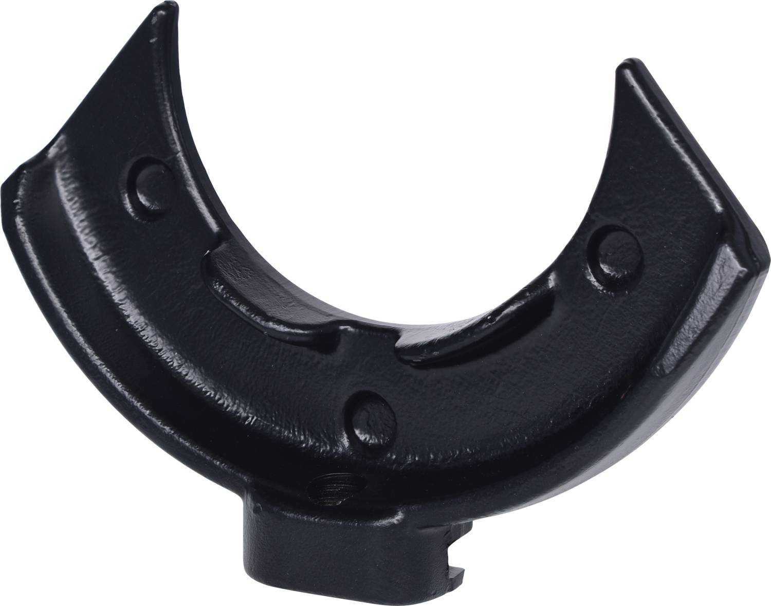 Schwarzes, halbmondförmiges Metallteil, vermutlich Bestandteil eines mechanischen oder industriellen Systems.