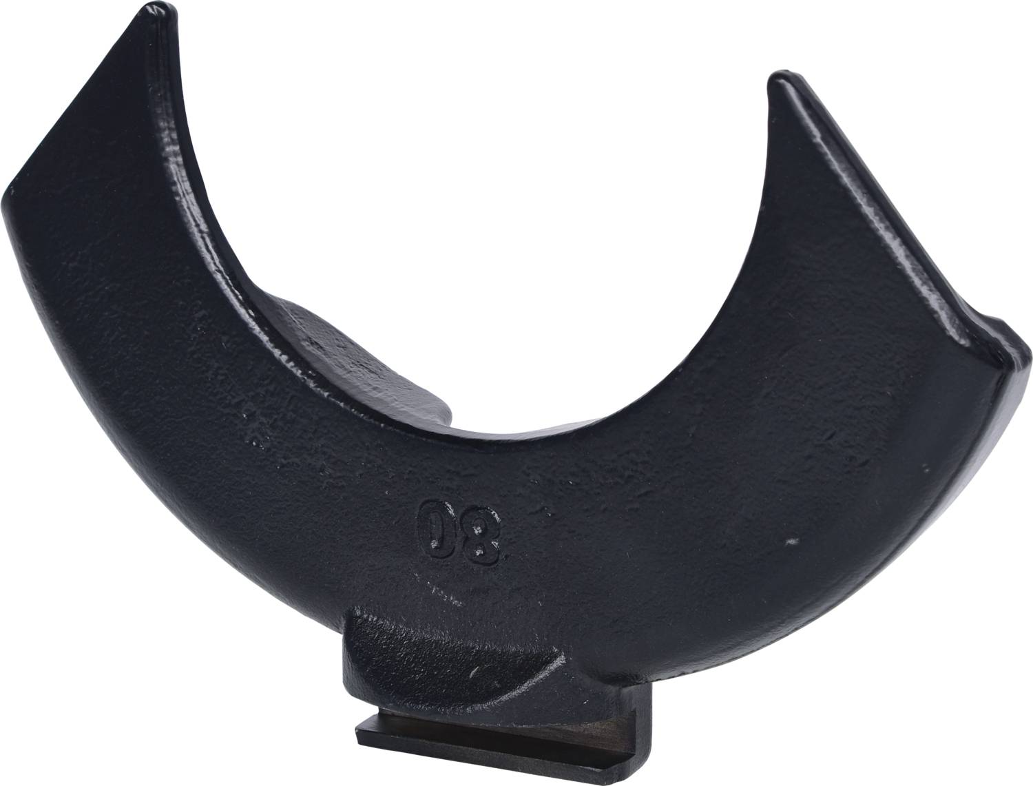 Schwarzer metallischer Halter in U-Form, möglicherweise für Rohre oder Stäbe, mit der Zahl '08' darauf geprägt.