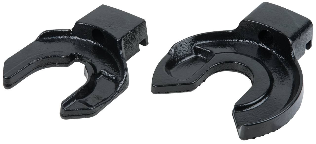 Zwei schwarze Metallkupplungen mit gebogenem Design, nebeneinander platziert.