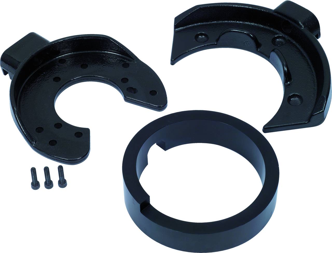 Ein Metall-Satz bestehend aus mehreren runden und gebogenen Teilen mit Schrauben. Eignet sich für technische oder mechanische Anwendungen.