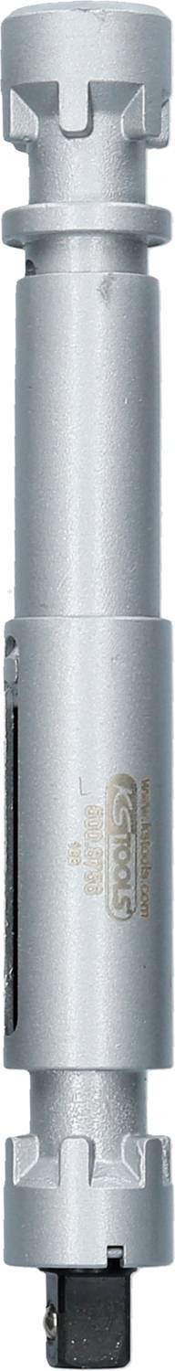 Silbernes, zylindrisches Werkzeug mit Kerben an beiden Enden und Gravur in der Mitte. Es scheint ein Präzisions- oder Montagewerkzeug zu sein.