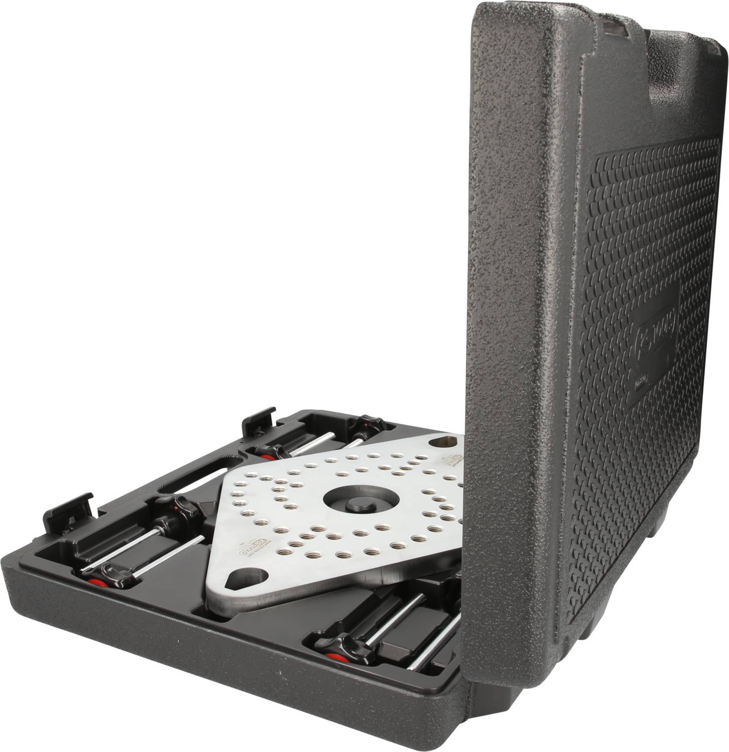 Transportbox mit Schaumstoff ausgekleidet, enthält ein dreieckiges Werkzeug mit Löchern. Geeignet für sicheres und organisiertes Verstauen.