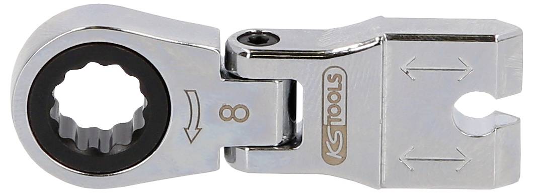Chrome-Ratschenschlüssel-Kopf mit 8-mm-Markierung und K-Tools-Logo, zeigt ein umkehrbares Gleitmaul mit Pfeilen für die Richtung.