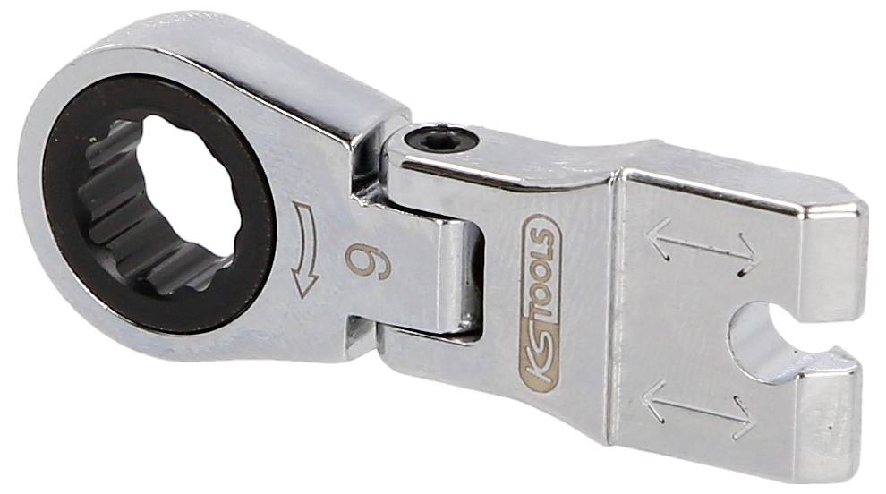 Metallisches Ratschenschlüssel-Adapter-Werkzeug mit einer runden Steckdose an einem Ende und einer gegabelten offenen Gabelform am anderen Ende, dargestellt auf weißem Hintergrund.