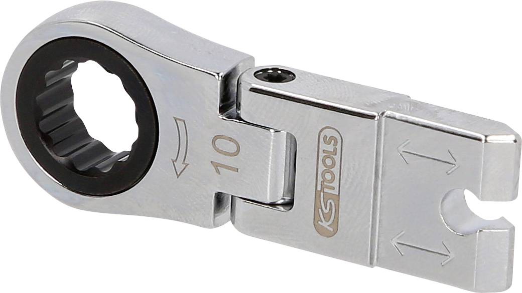 Metallischer Ratschenschlüsselkopf mit 10-mm-Markierung und KS Tools Logo, dargestellt auf weißem Hintergrund.