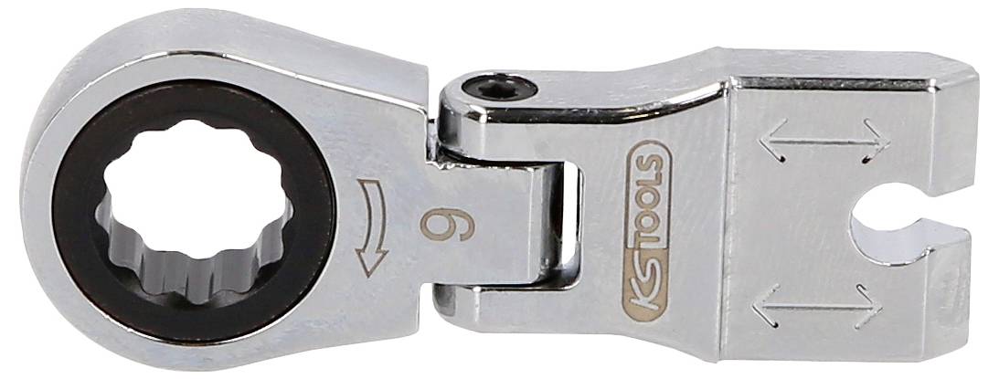 Chrome-KSTools-Ratschenschlüssel mit schwenkbarem Kopf und 9-mm-Markierung, in Nahaufnahme auf weißem Hintergrund dargestellt.
