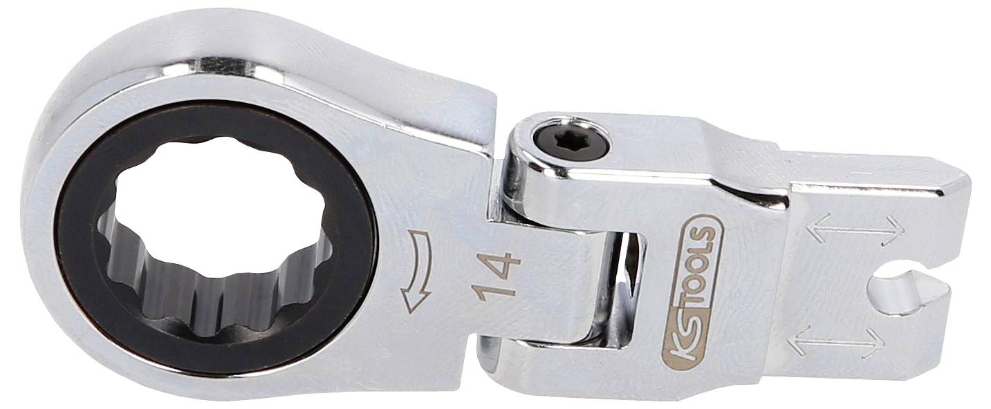 Nahaufnahme eines silbernen Ratschenkopfs von KS Tools mit drehbarem Ring und Scharniergelenk, beschriftet mit 14 und Richtungspfeil.
