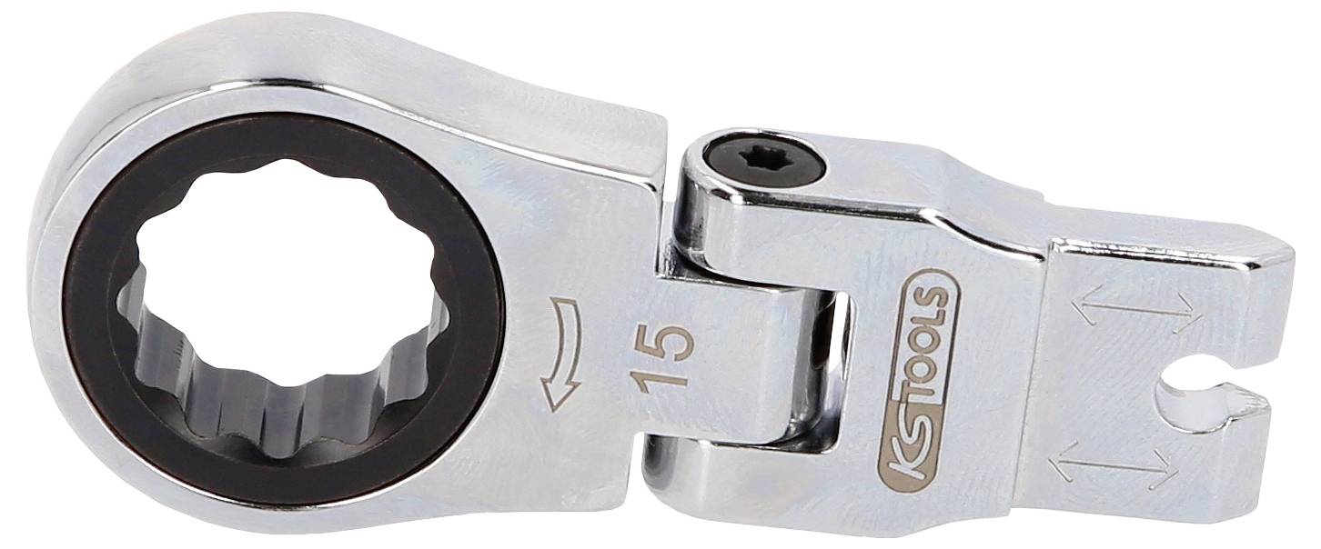 Nahaufnahme eines silbernen Ratschenschlüssel-Kopfes mit einer 15-mm-Markierung und KS Tools-Logo.