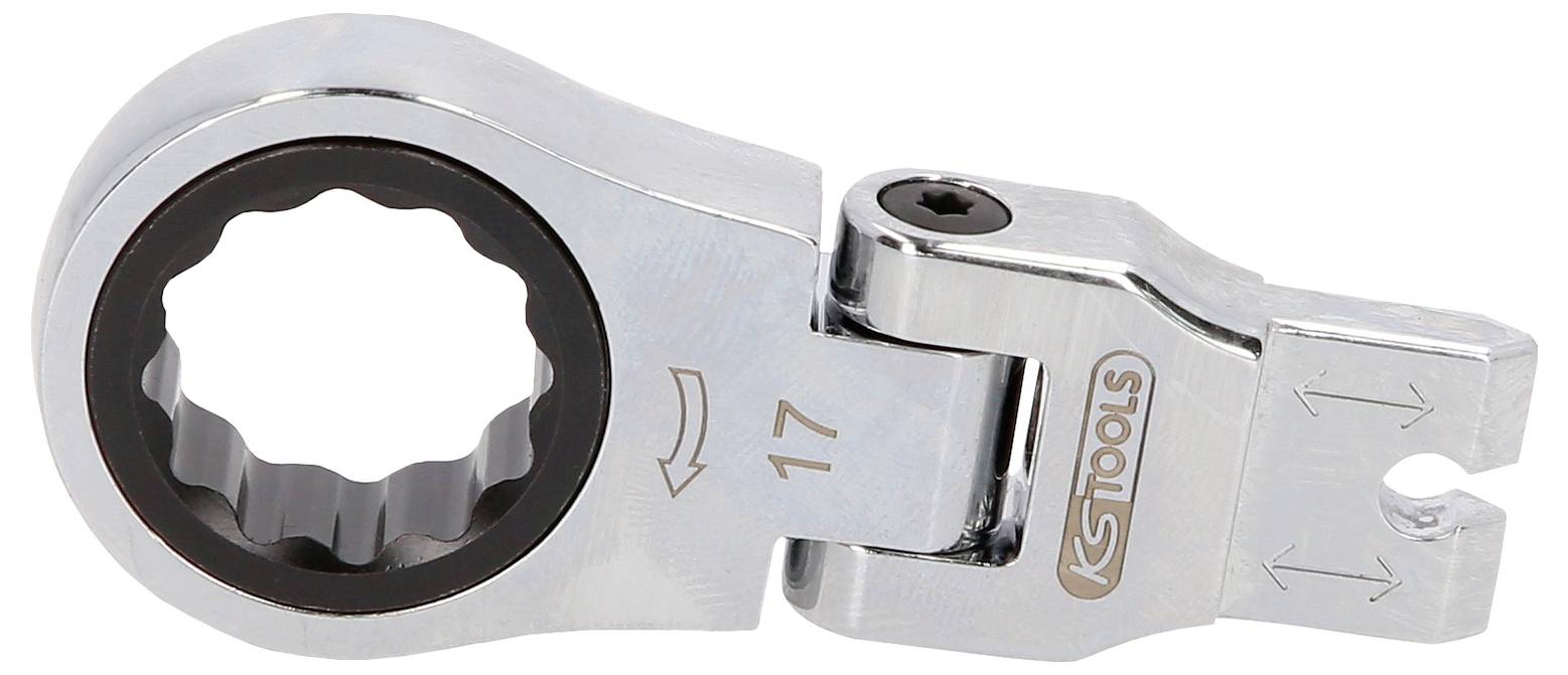 Metallratschenschlüssel-Adapter mit großer kreisförmiger Antriebsöffnung und kleinem gehaktem Ende, graviert mit '17' und einem 'TOOLS'-Logo.