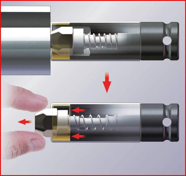 Darstellung eines Mechanismus mit Feder und Hebel. Der obere Teil zeigt den Mechanismus im Ruhezustand, der untere in komprimierter Form durch Druck.