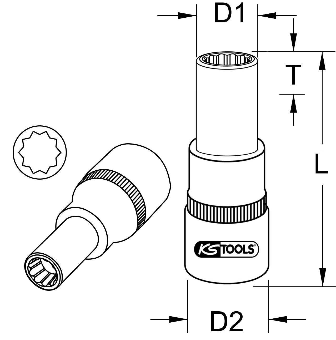 '3/8'' Steckschlüssel-Einsatz' von KS Tools, zeigt Maße D1, D2, T, L. Veranschaulicht Form und Spezifikationen eines dreizehnzackigen Einsatzes.