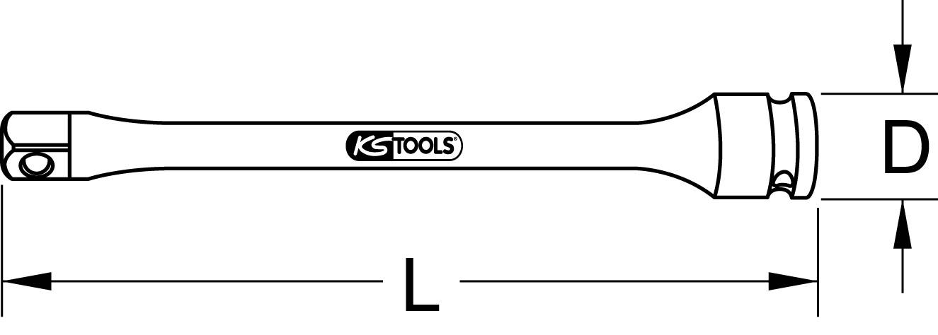 Technische Zeichnung eines Verlängerungsstabs von KS Tools. Pfeile markieren Länge (L) und Durchmesser (D).