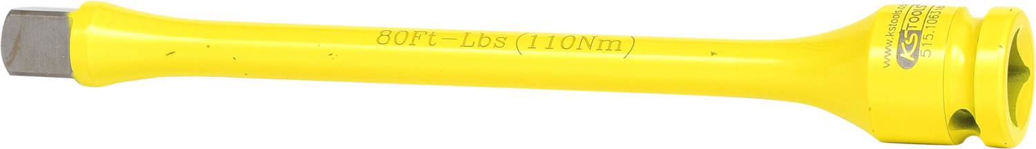 Gelber Drehmoment-Verlängerungsstab mit Aufschrift '80 Ft-lbs (110Nm)', verwendet zur Drehmomenteinstellung bei Schraubarbeiten.