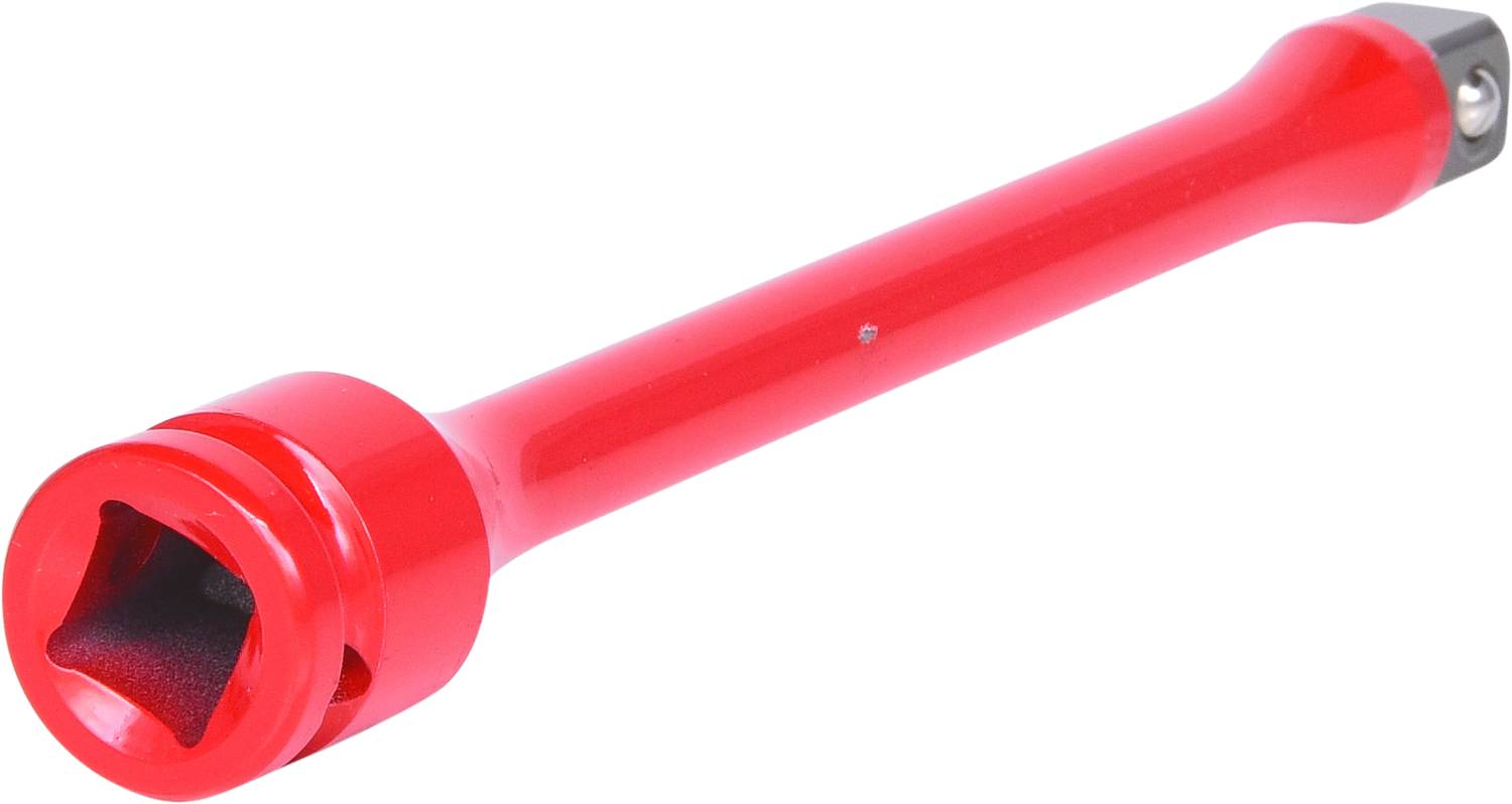 Rote Verlängerung für Steckschlüssel, möglicherweise aus Metall, mit quadratischer Aufnahme für Ratschen oder ähnliche Werkzeuge.