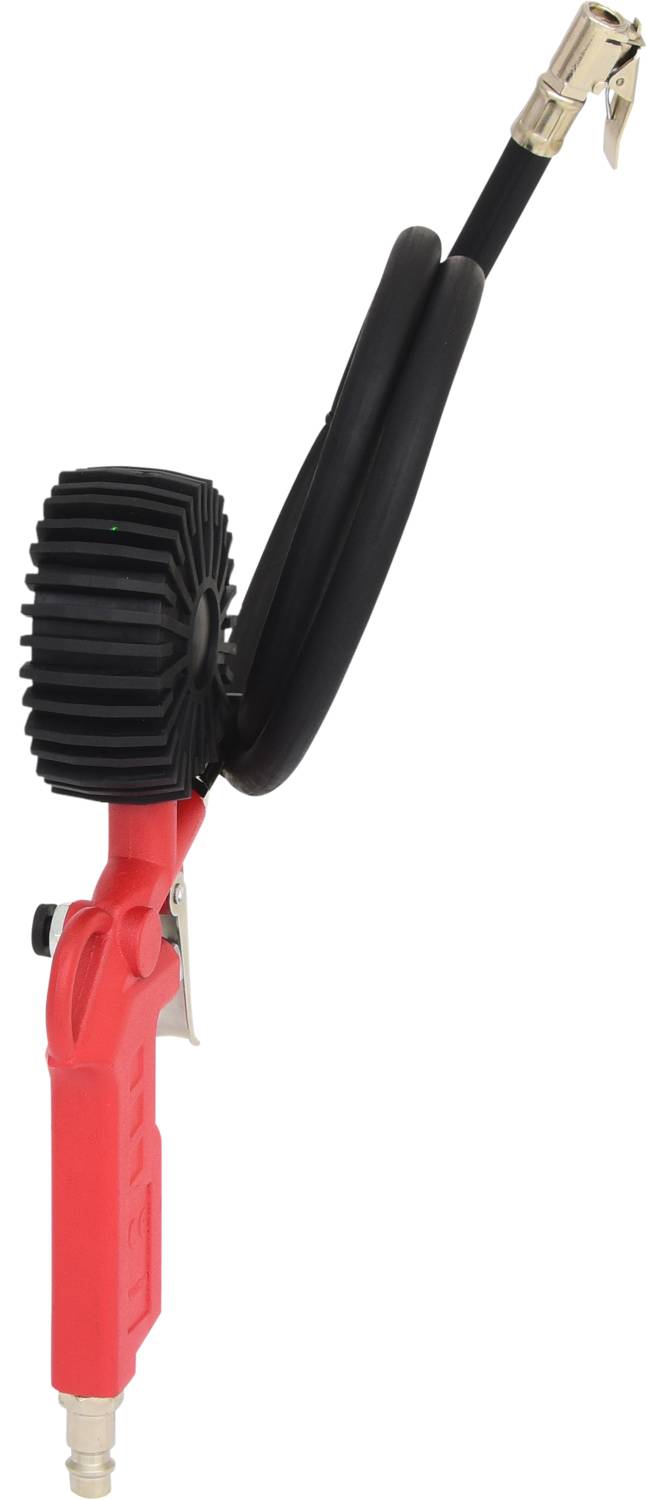 Luftdruckprüfer mit Manometer, rotem Griff und schwarzem Schlauch. Verwendet zur Messung und Einstellung von Reifendruck.