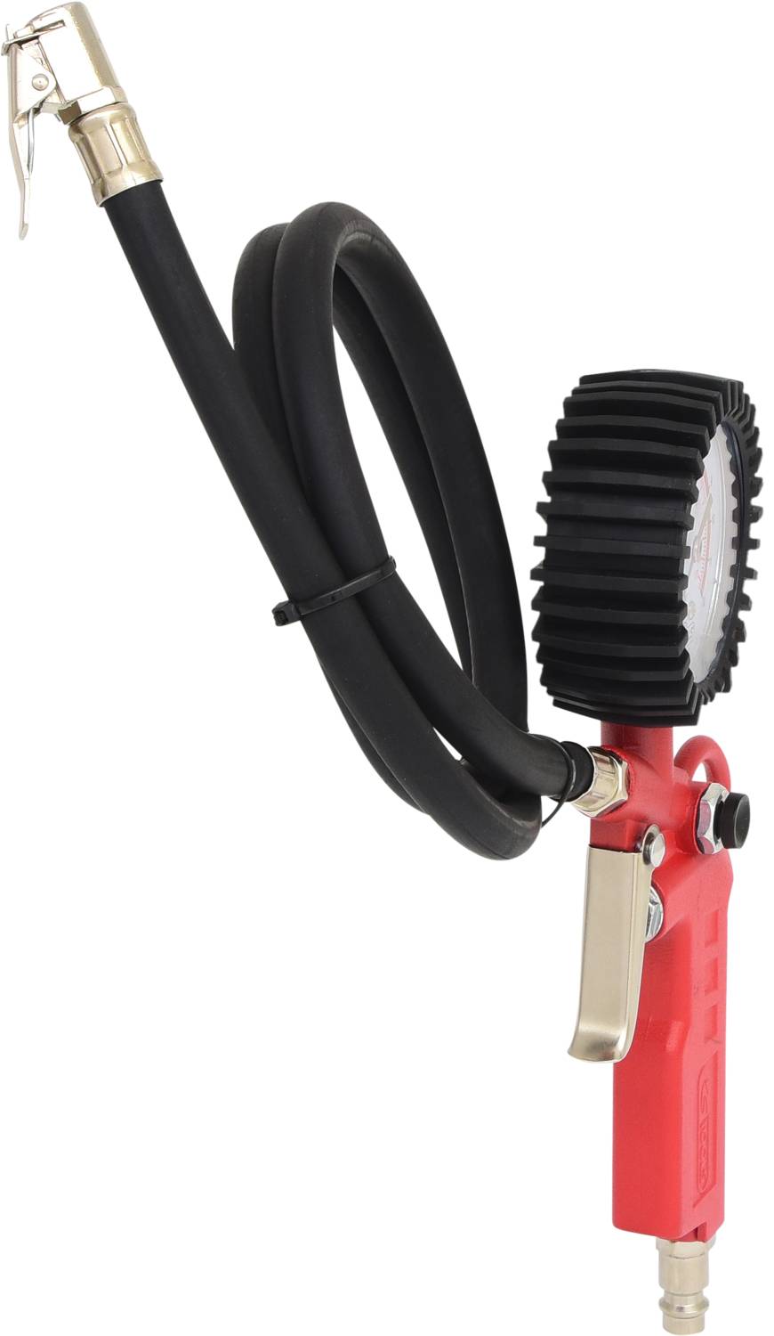 Reifendruckprüfer mit schwarzem Schlauch und rotem Griff. Zeigt den Druck auf einem runden Display an.