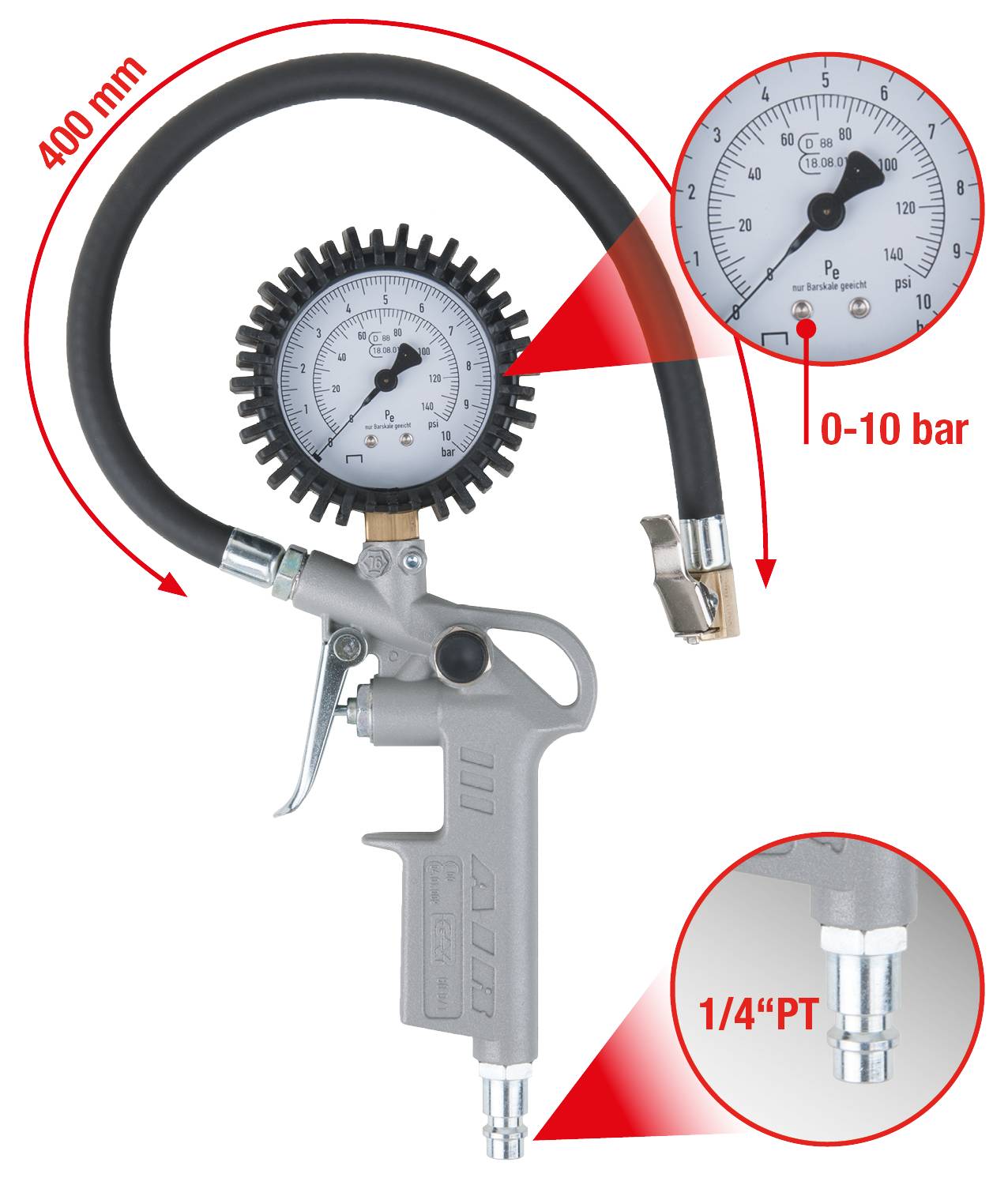 Luftdruckmessgerät mit Manometer 0-10 bar, Schlauchlänge 400 mm, Anschlüsse 1/4