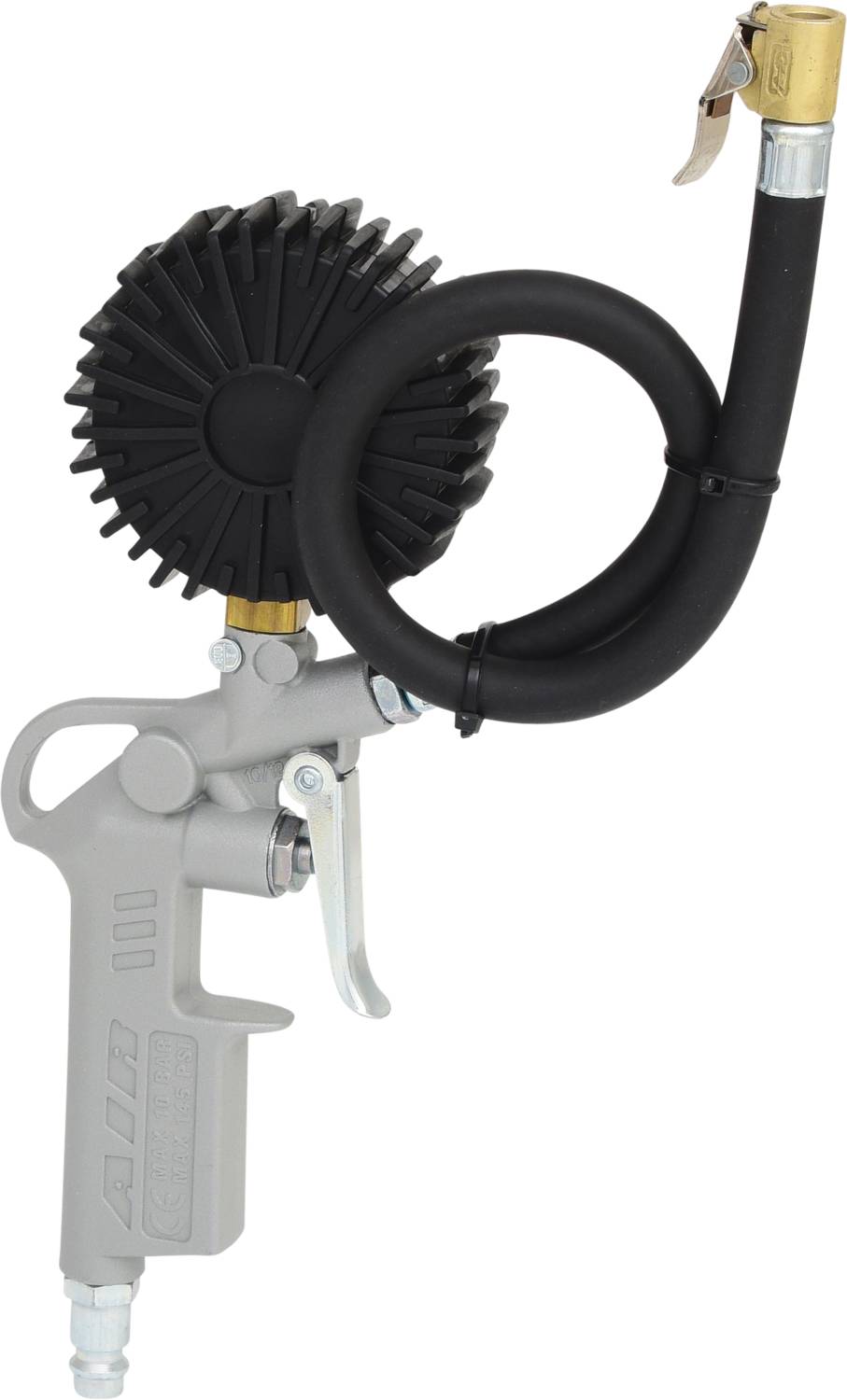 Luftdruckpistole mit rundem Manometer, schwarzem Schlauch und Metallklemme, hauptsächlich für das Aufpumpen von Reifen.