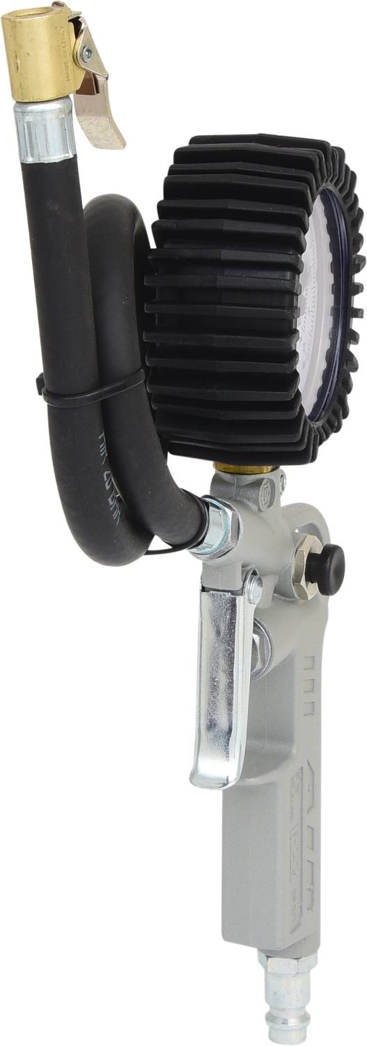 Reifendruckprüfer mit Skalenanzeige und Schlauch. Wird zur Messung des Luftdrucks in Reifen verwendet.