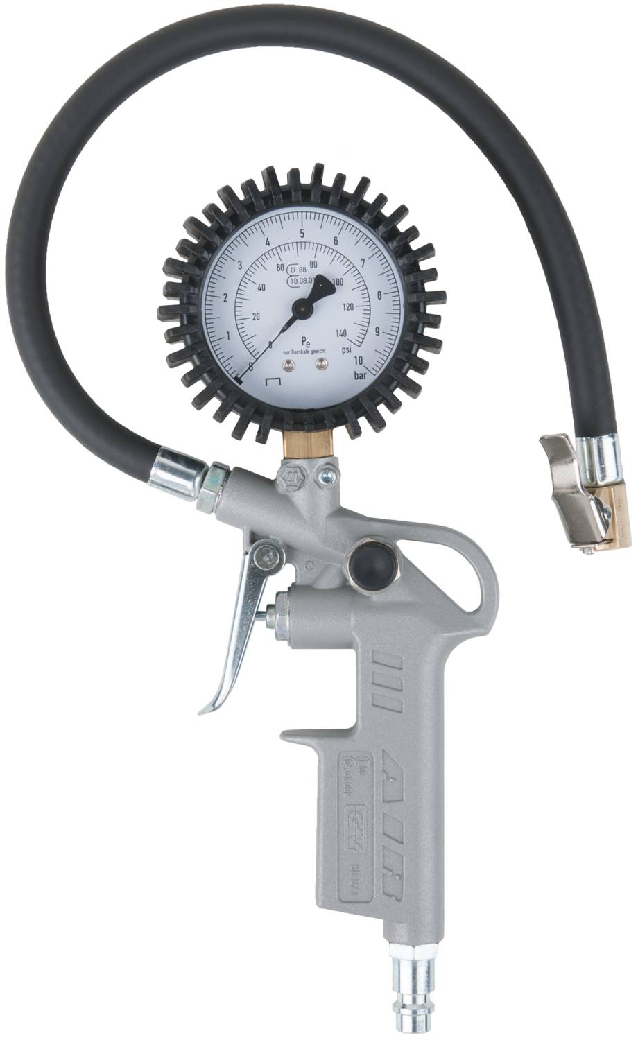 Manometer mit Schlauch: Gerät zur Reifenluftdruckmessung, zeigt PSI- und Bar-Skala. Geeignet für Autos, Fahrräder und mehr.