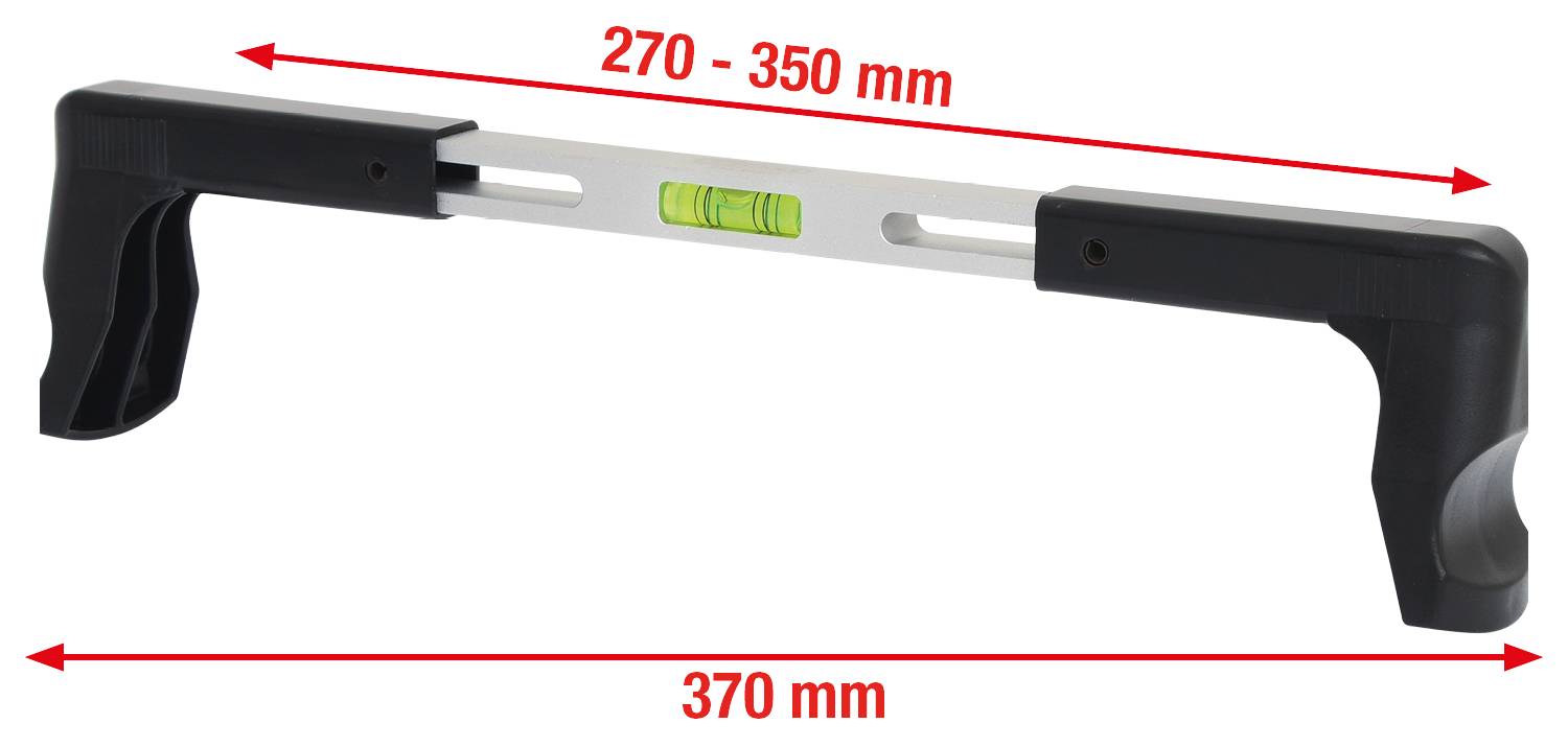 Verstellbare Wasserwaage mit Handgriffen. Länge: 370 mm, einstellbare Breite: 270-350 mm.