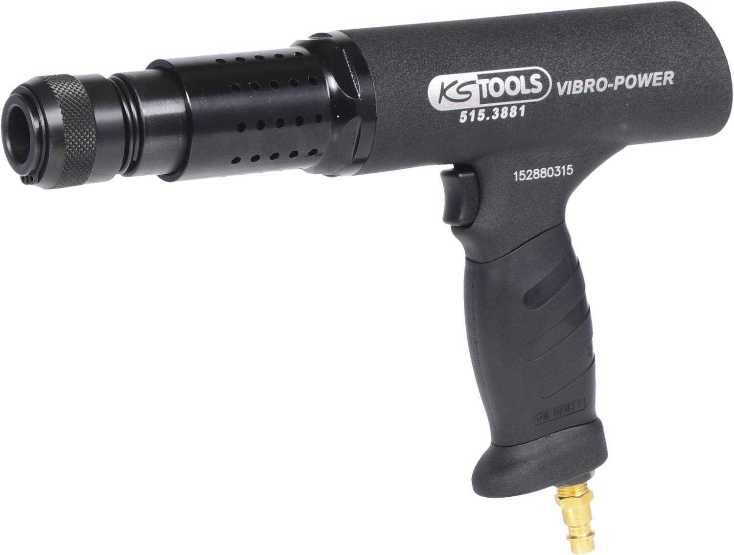 'KS Tools Vibro-Power Druckluft-Meißelhammer' auf weißem Hintergrund. Tool mit ergonomischem Griff und Metallspitze zur Bearbeitung von Materialien.