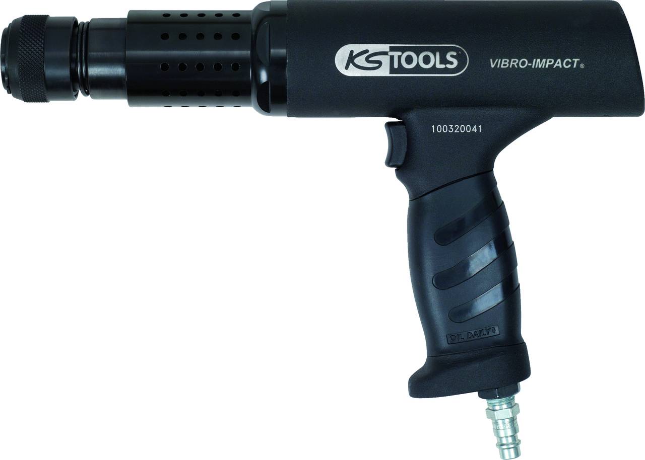 Druckluft-Vibrationsmeißel von KS Tools, Modell Vibro-Impact, schwarz, Griff mit ergonomischem Design, Anschluss unten.
