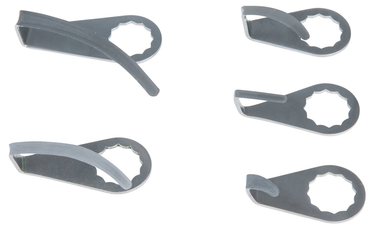Fünf graue Metallclips in verschiedenen Positionen.