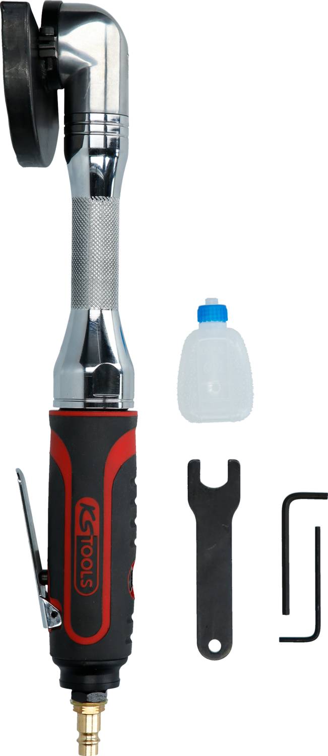 Druckluftschleifer mit Zubehör: ein Schleifgerät, ein kleiner Behälter, ein Schraubenschlüssel und zwei Innensechskantschlüssel.
