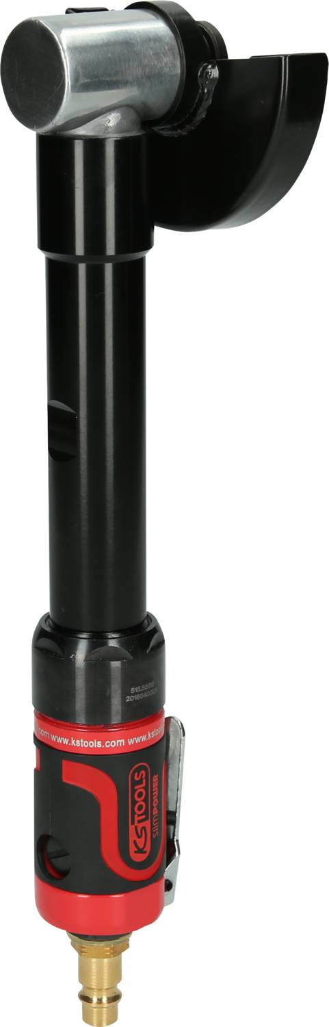 Ein rot-schwarzer pneumatischer Winkelschleifer mit Schutzabdeckung und Anschlussdüse, verwendet zum Schleifen und Polieren von Werkstücken.
