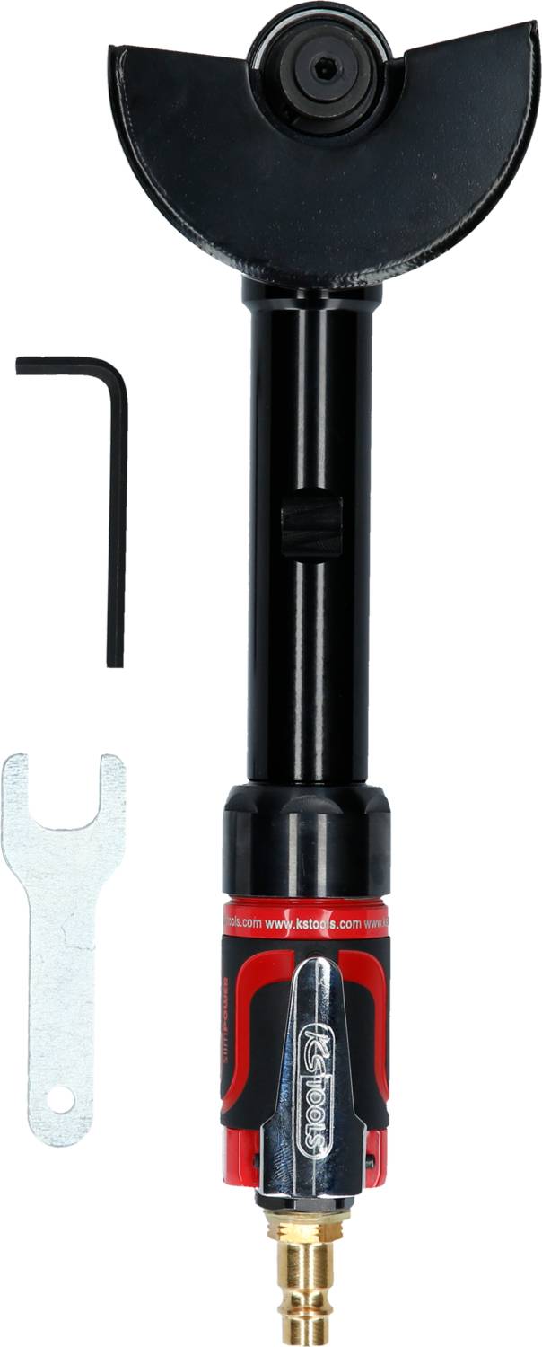 Schwarze und rote Luftdruckschleifmaschine mit einem Inbusschlüssel und einem Schraubenschlüssel zum Polieren von Oberflächen.