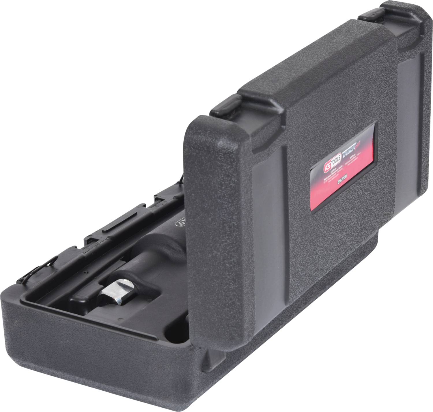 Ein schwarzer, geöffneter Werkzeugkoffer mit einem Griff und einer Aussparung für die Aufbewahrung von Werkzeugen.