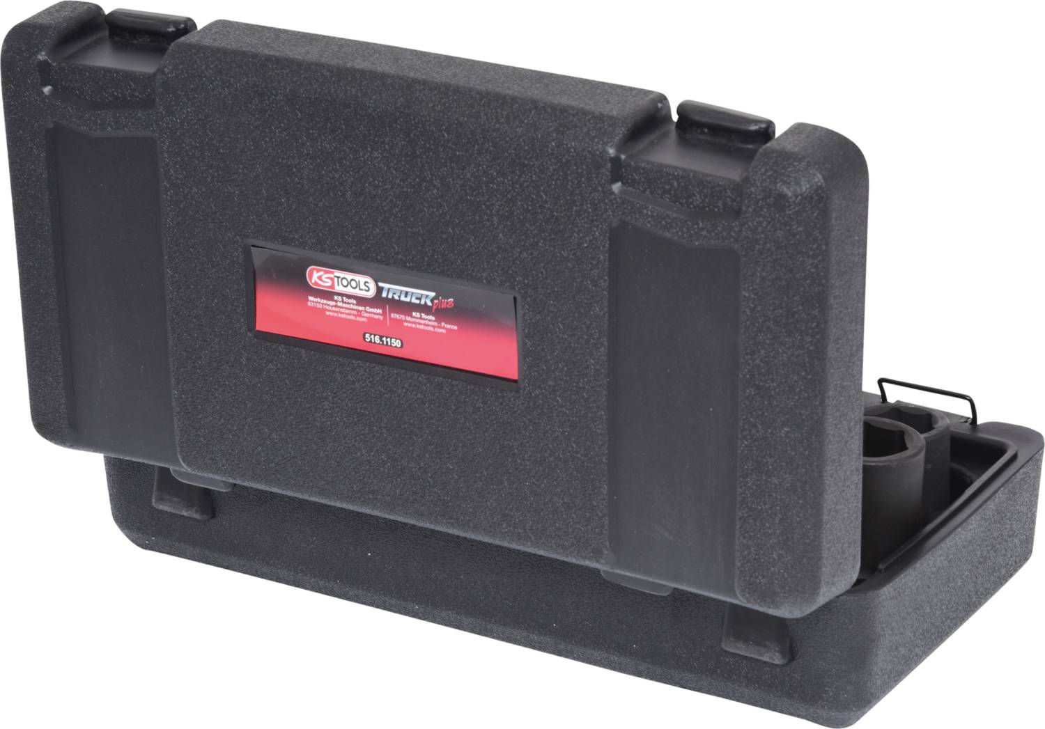 'Schwarzer Werkzeugkoffer mit Klemmen für sicheren Verschluss und rotem Etikett, auf dem 'KS TOOLS' steht.'