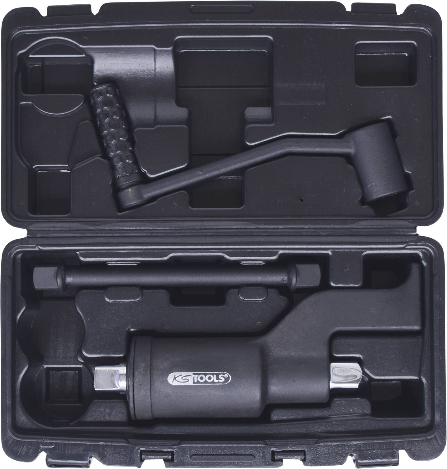 Ein schwarzes Werkzeugset in einem offenen Koffer. Enthält einen Drehmomentschlüssel und Zubehör. Werkzeugmarke ist 'KS Tools'.