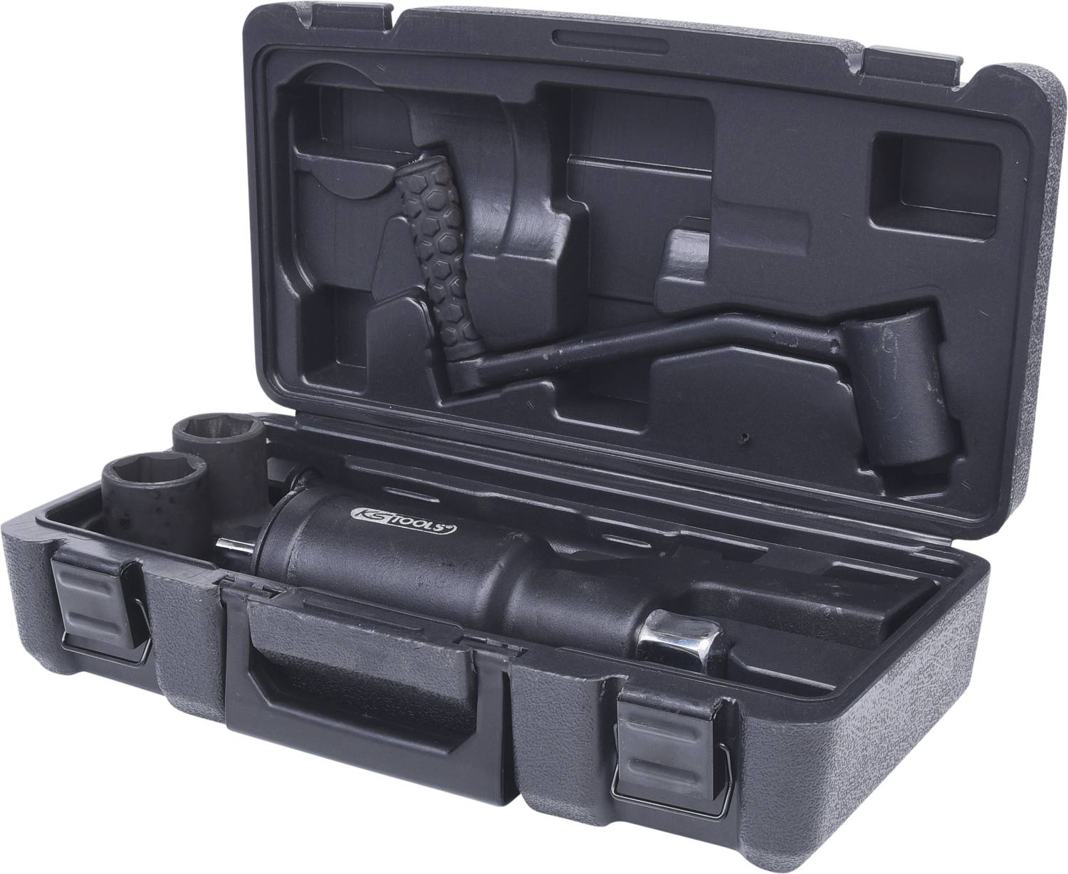 Schwarzer Werkzeugkasten mit Schlagschrauber, Schutzkappen und Verlängerungsstücken, ausgelegt für Kfz-Reparaturen.