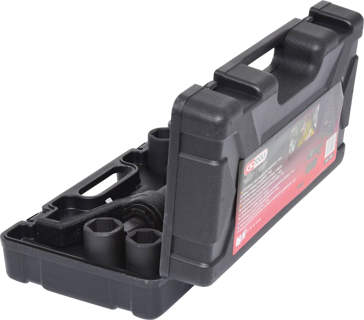 Schwarzer Werkzeugkoffer mit Griff, enthaltene Nüsse und Werkzeuge sichtbar.