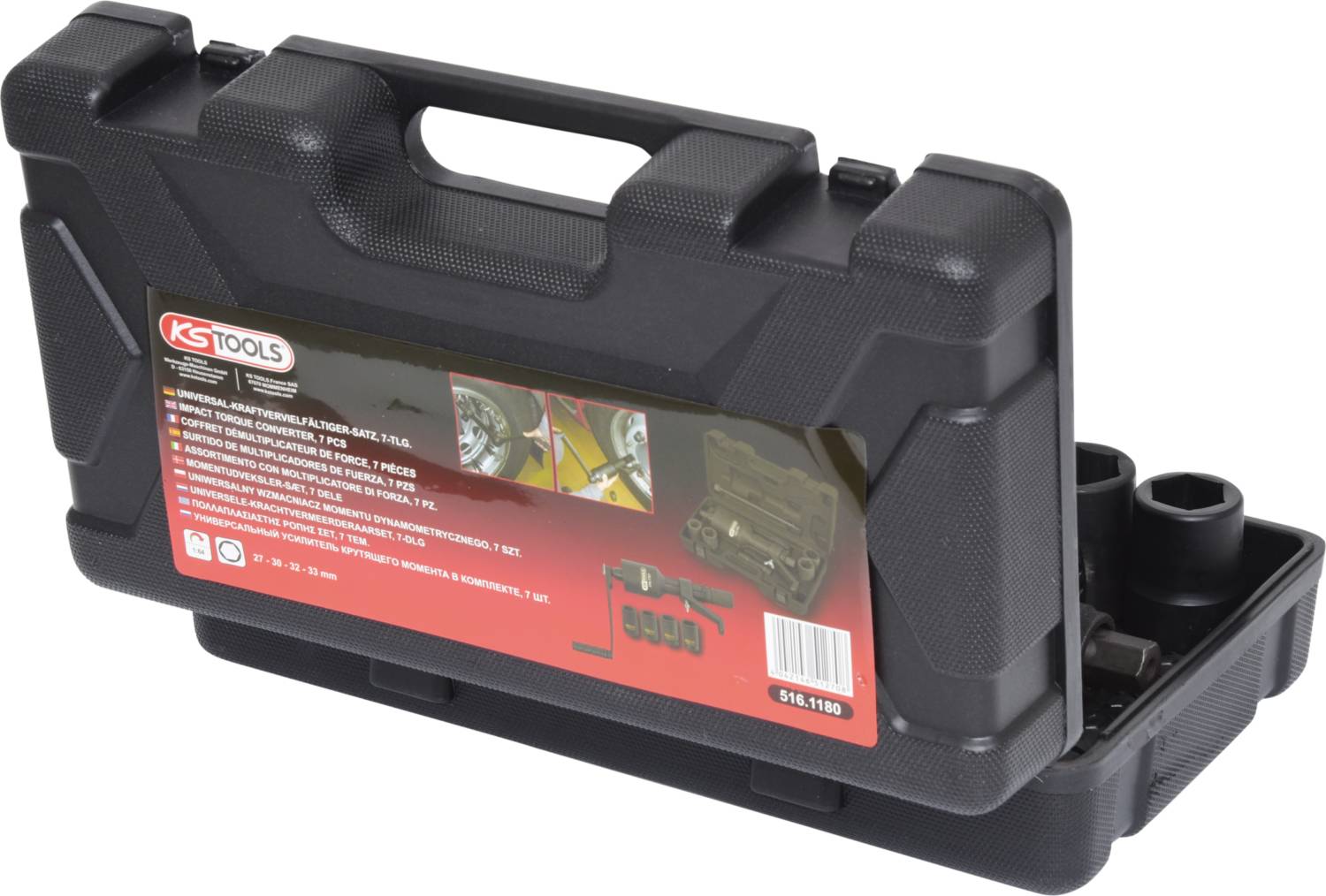 KS Tools Stecknuss-Satz im schwarzen Kunststoffkoffer, geöffnet für eine bessere Sicht. Enthält Sockel und Zubehör für Radmontage.