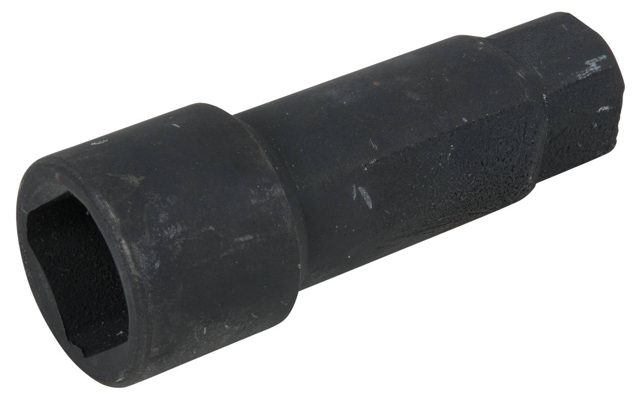 Schwarze Metallmuffe für Rohrverbindungen, zylindrische Form mit glatter Oberfläche, seitliche Ansicht.