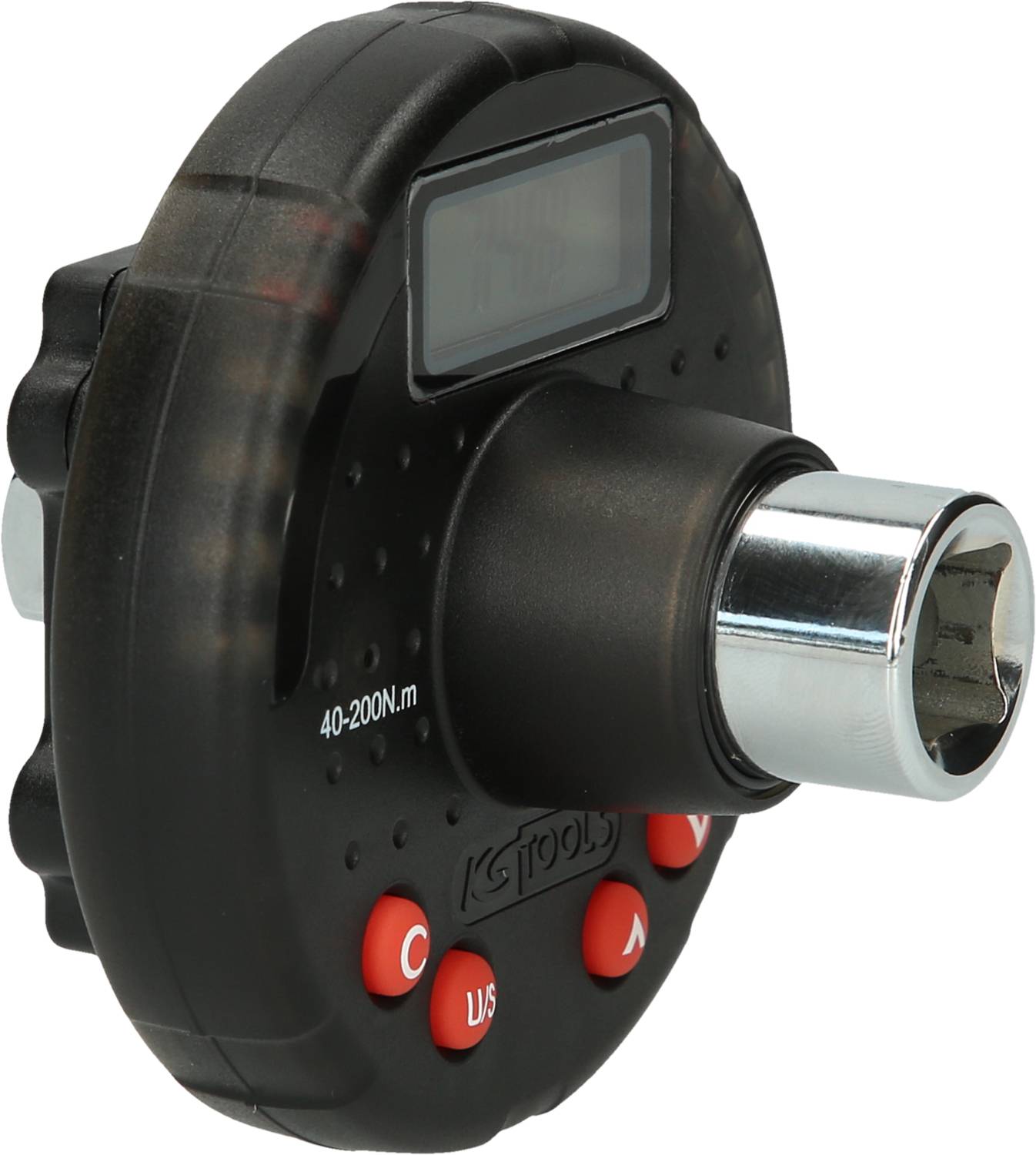 Drehmomentadapter mit Digitalanzeige und Tasten zur Einstellung. Bereich: 40-200 Nm. Schwarzes Gehäuse, verchromter Anschluss.